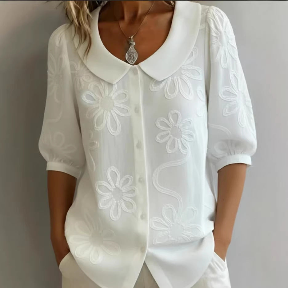 Loose-fit Retro Buttoned 3D Embroidered Floral Shirt 
