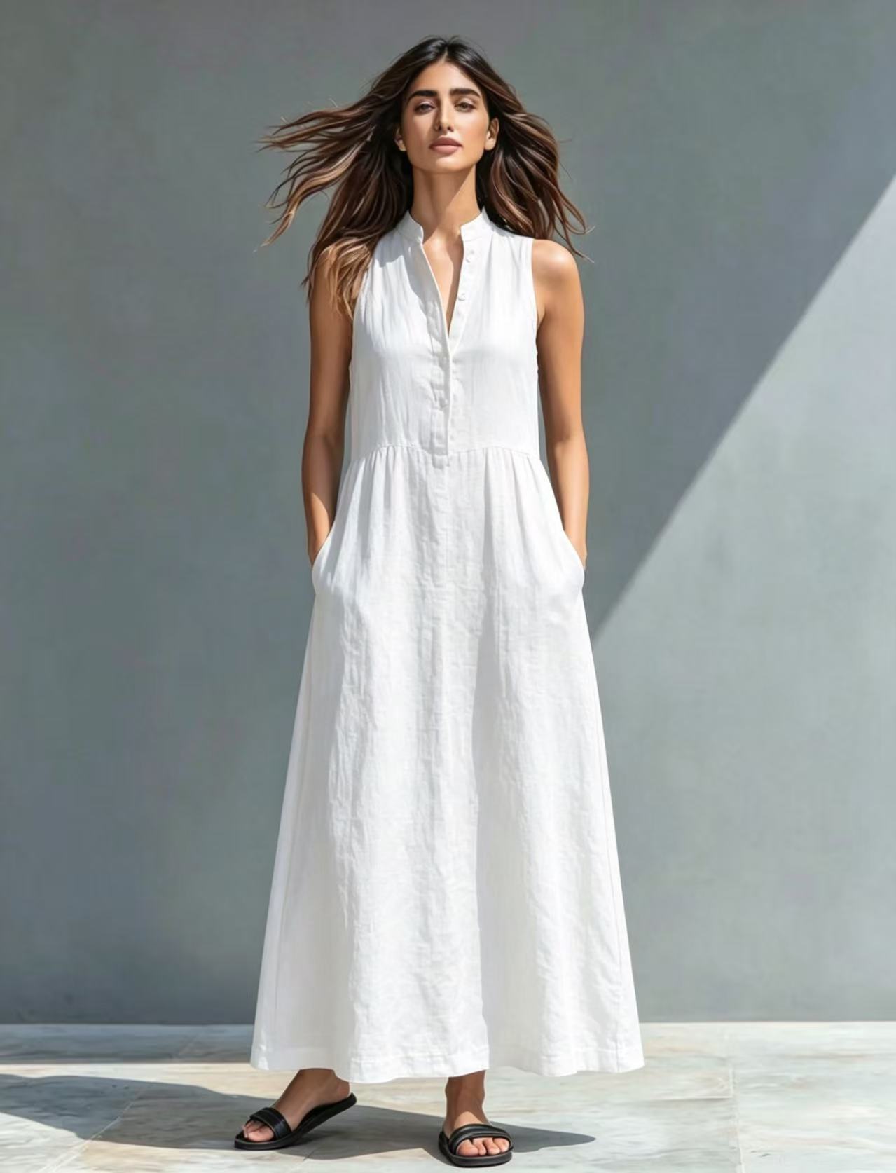 Resort-style Stand-collar Maxi Dress 