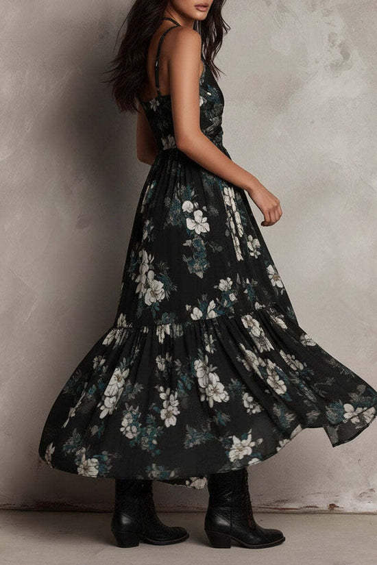 New style printed camisole dress for women, V-neck, waist cinched, high slit long skirt, fashionable vacation dress 