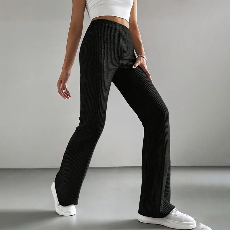 Women's Solid Color Rib-Knit Jogger Pants, Casual Stretch Pull-On Trousers For Spring And Fall 