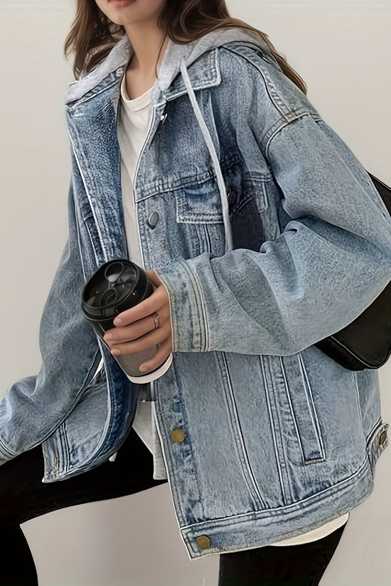 Women's Hooded Denim Jacket, Oversized Retro Denim Jacket, Elastic And Loose, Comfortable And Lightweight CJ US