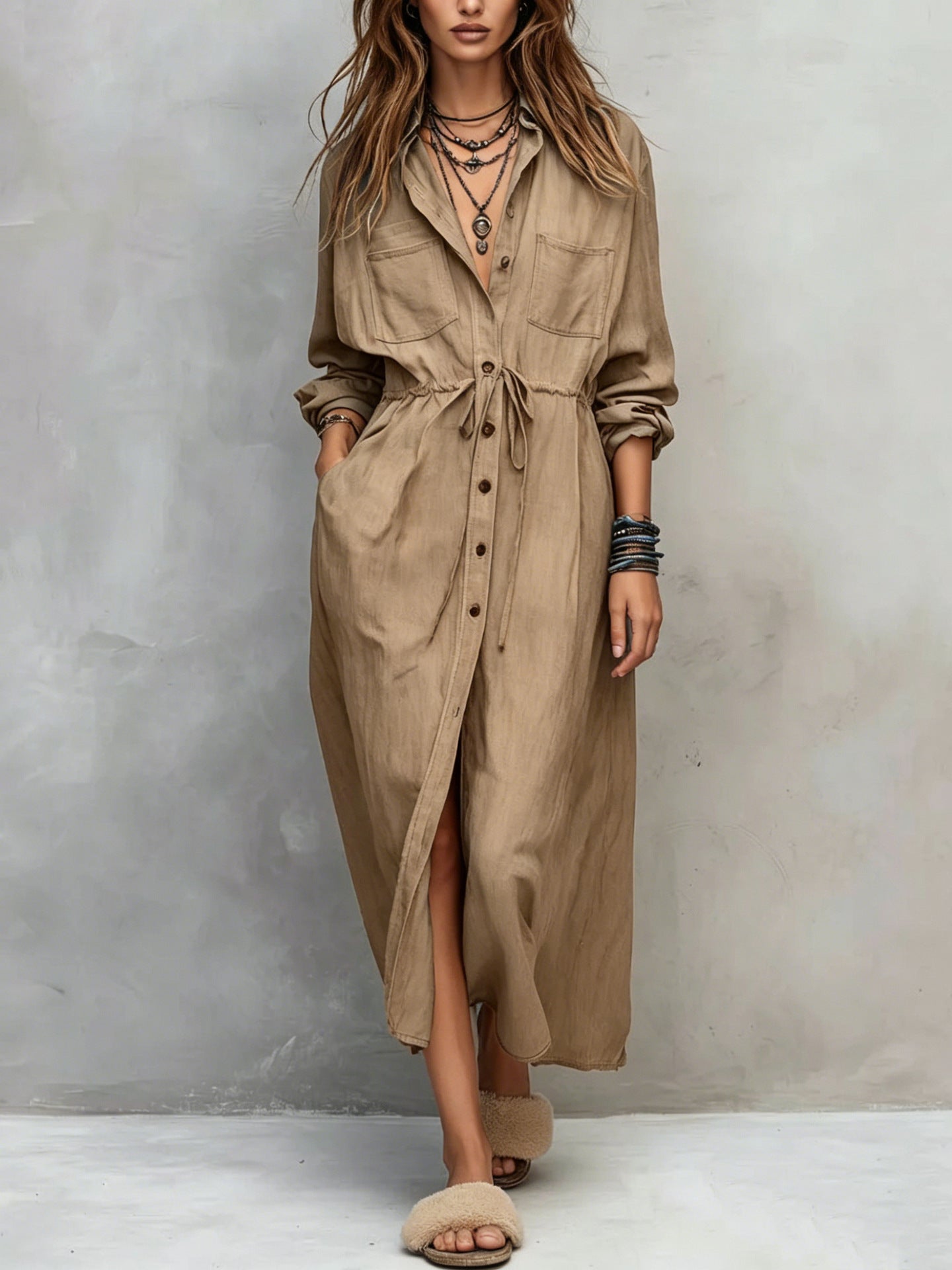 Spring and Autumn Casual Drawstring Waist Shirt Dress Loose Style for Women 