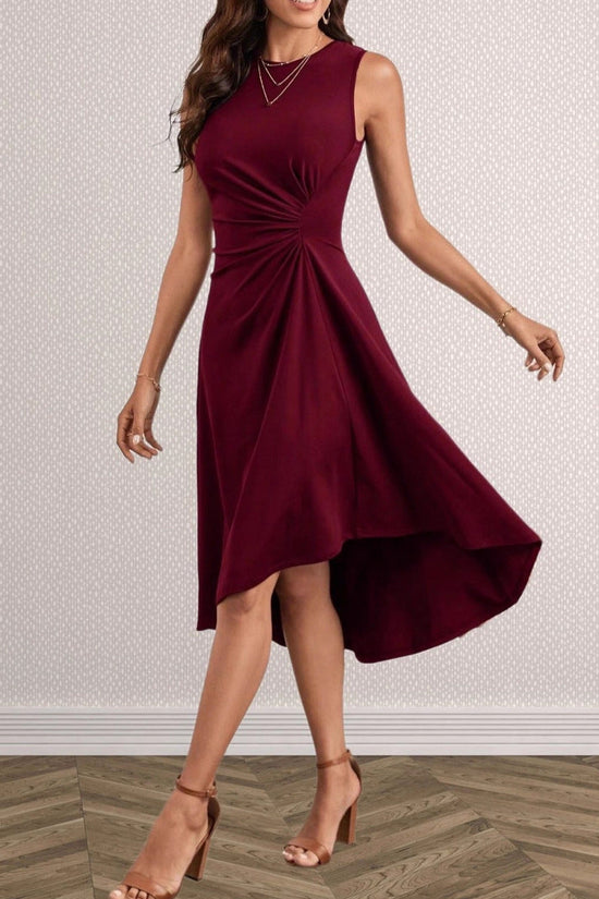 Solid Color Split Hem Fitted Long Sleeve Round Neck Dress 