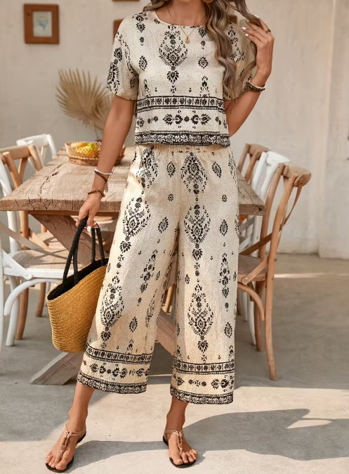 Women's Contrast-Colored Ethnic-Style Printed Set 
