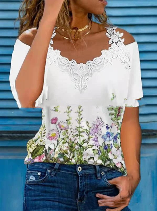 🦋 Vibrant Butterfly Lace Off-Shoulder V-Neck Tee 