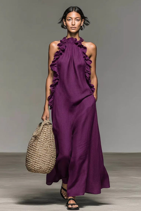 Resort-style Ruffled Halterneck Sleeveless Dress Loose-fitting And Figure-flattering Maxi Skirt 