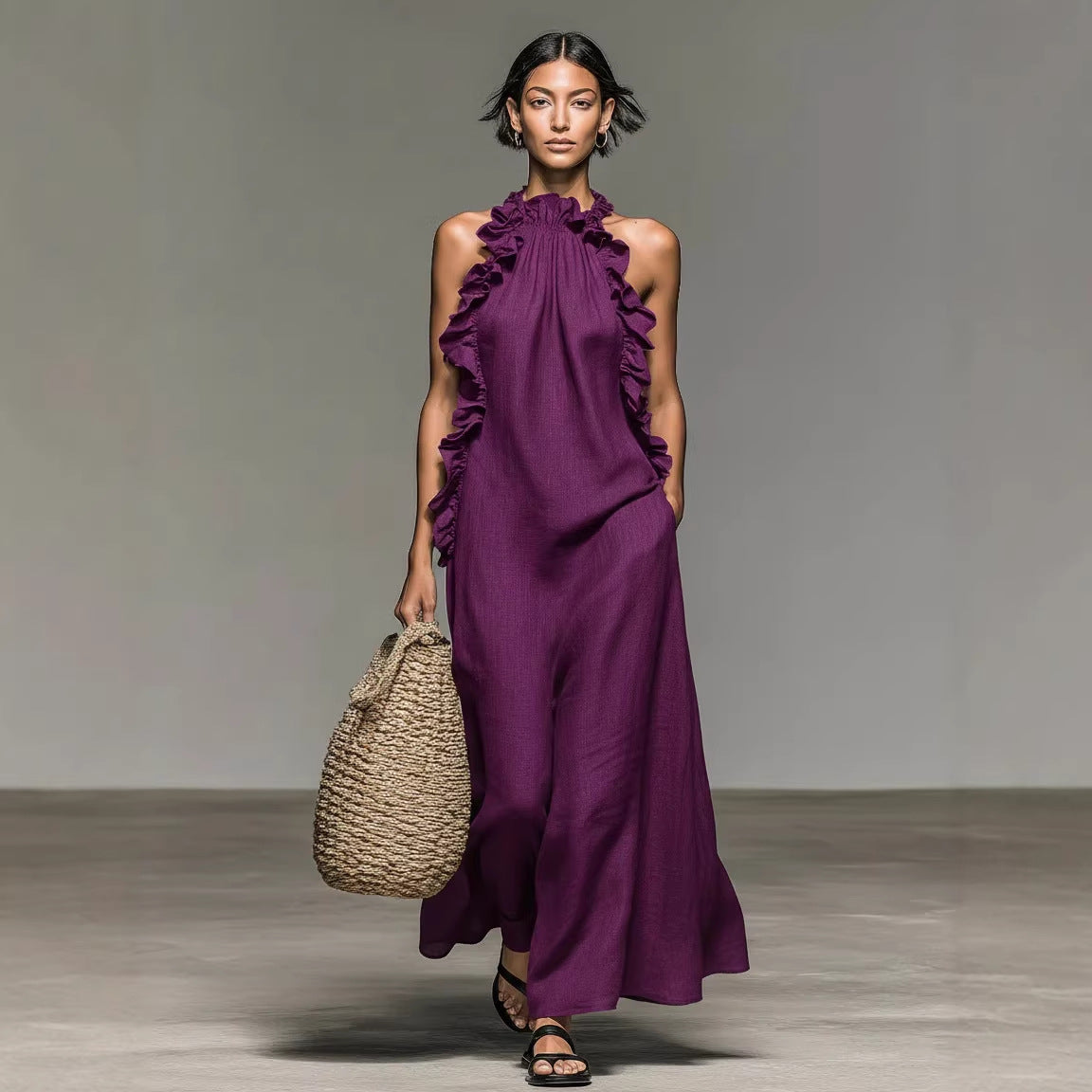 Resort-style Ruffled Halterneck Sleeveless Dress Loose-fitting And Figure-flattering Maxi Skirt 