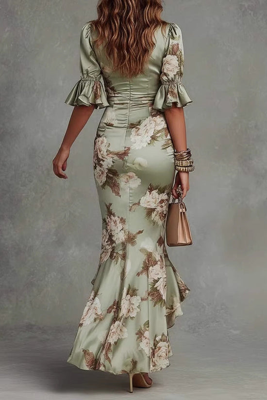 Elegant Long Dress with V-Neck, Fitted Silhouette, Floral Print and Ruffle Hem 