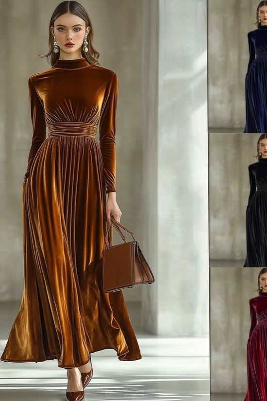 Women's New Autumn/Winter Velvet Long Sleeve Dress, Waist-Cinching Slimming Elegant Maxi Skirt, Graceful Style 