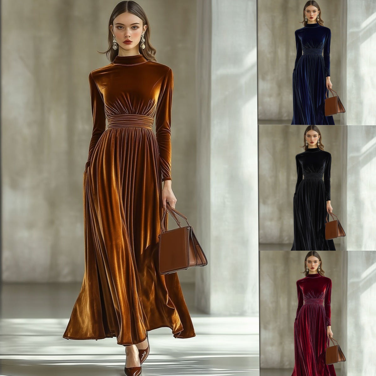 Women's New Autumn/Winter Velvet Long Sleeve Dress, Waist-Cinching Slimming Elegant Maxi Skirt, Graceful Style 