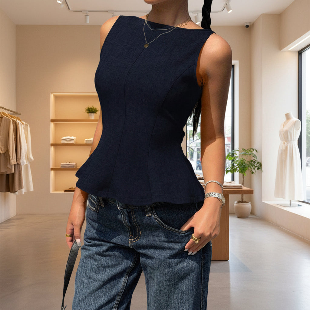 Sleeveless Fitted Top for Women with Ruffle Hem, Backless Bow Tie, Office Casual Versatile Style 