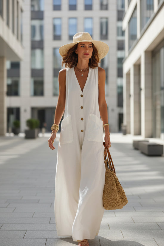 Simple And Comfortable Cotton-Linen Sleeveless Wide-Leg Jumpsuit With Button Pockets 