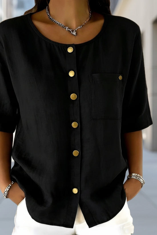 Womens Crew-Neck Shirt With Metal Buttons And Three-Quarter Sleeves 