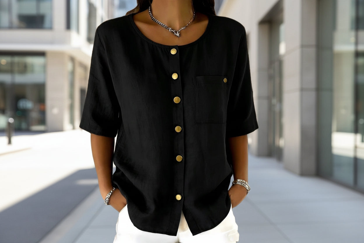 Womens Crew-Neck Shirt With Metal Buttons And Three-Quarter Sleeves 