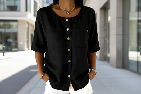 Womens Crew-Neck Shirt With Metal Buttons And Three-Quarter Sleeves 