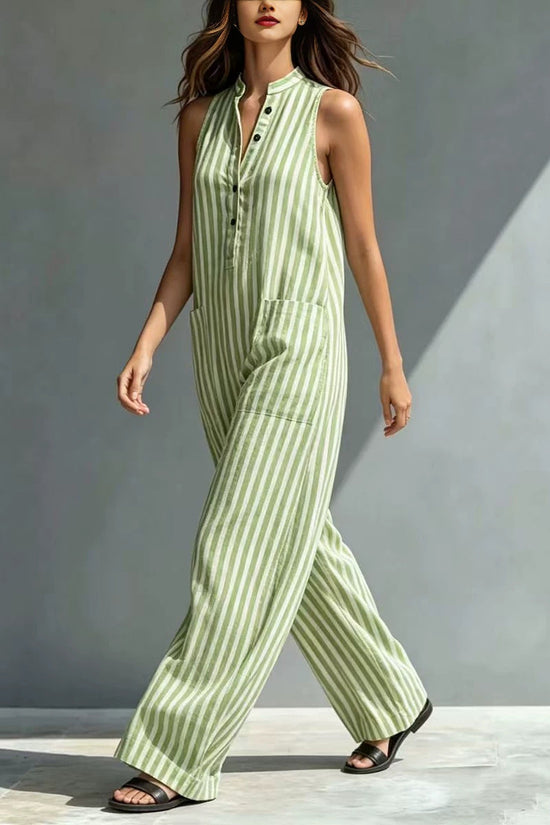 Fashionable Loose V-Neck Long Striped Jumpsuit 