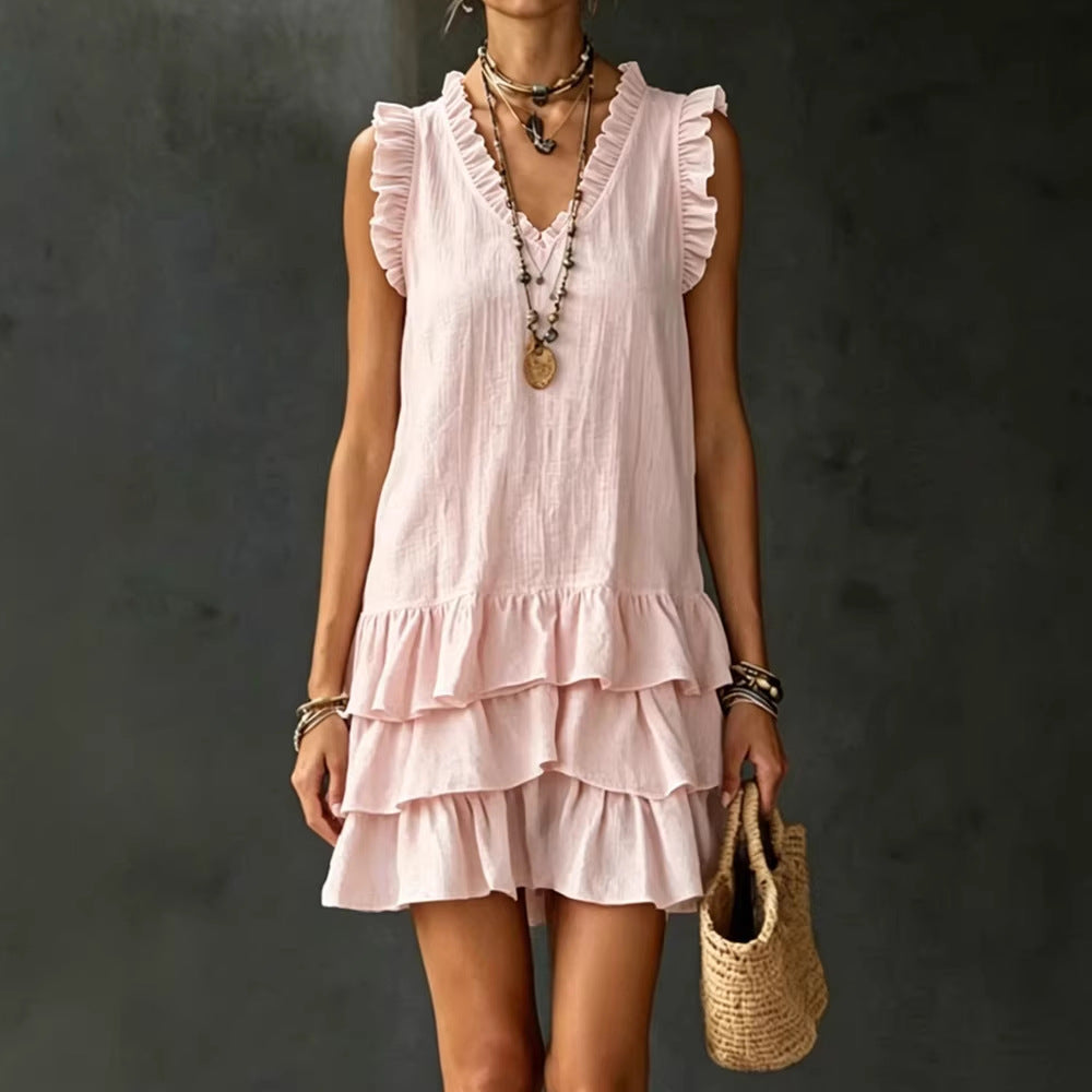 Women's Casual V-Neck Ruffle-Trim Sleeveless Dress 