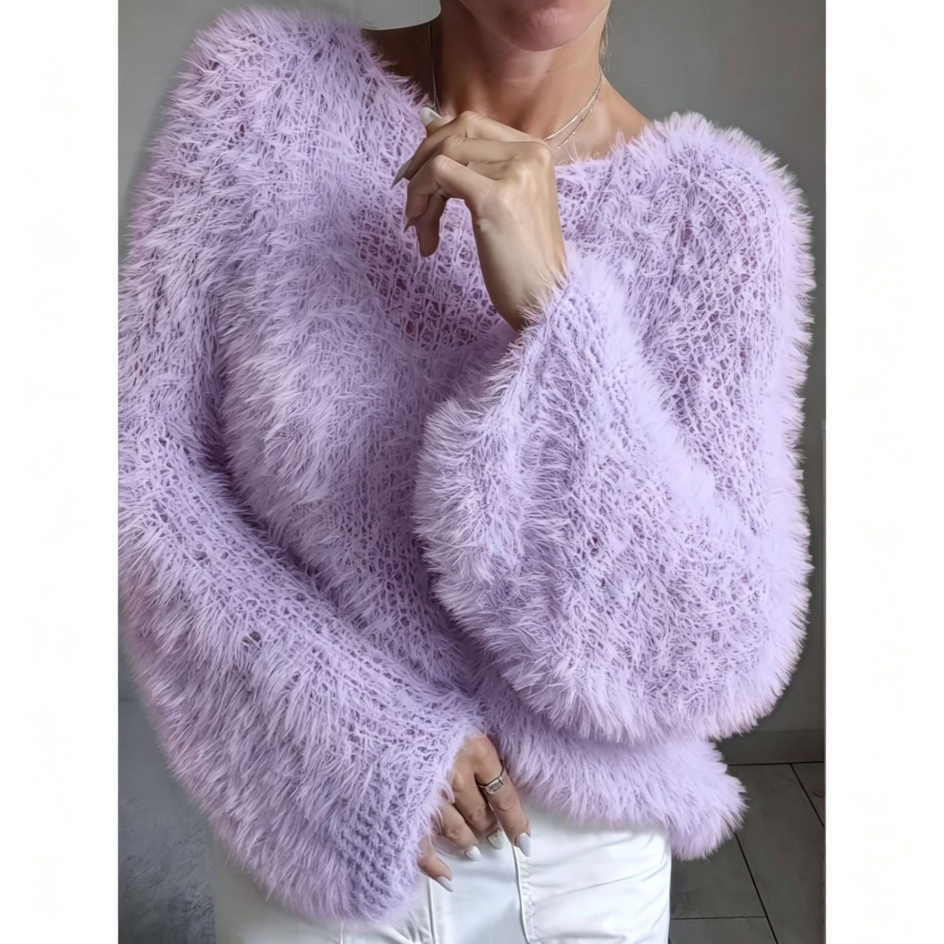 Women's macaron round neck fluffy solid color long sleeved fur top 