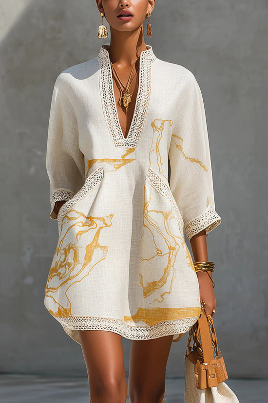 Printed lace trimmed seven quarter sleeved cotton linen short dress 