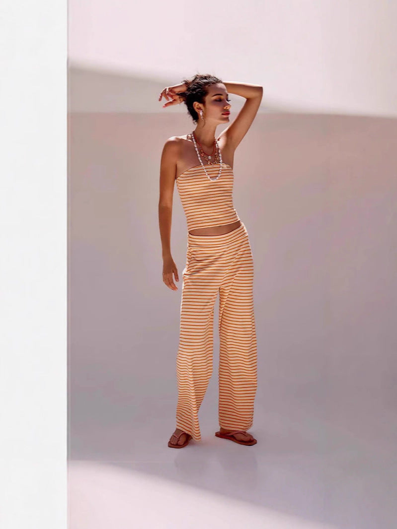 Printed Striped Tube Top And Pants Set 