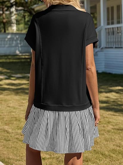 Fisoew Womens Summer Mini Dress Casual Patchwork Short Sleeve Polo V Neck Striped Dresses With Pockets CJ US