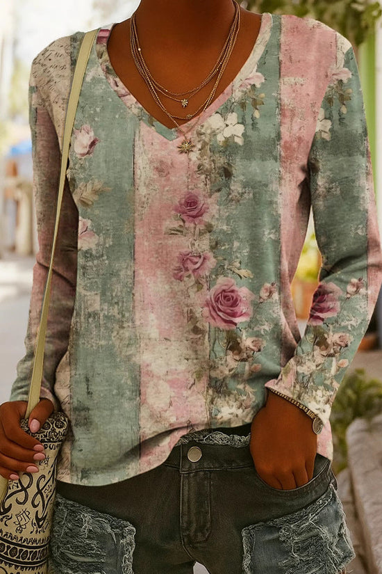 Fashionable Ethnic-Style Printed V-Neck Long-Sleeve T-Shirt 