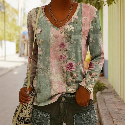 Fashionable Ethnic-Style Printed V-Neck Long-Sleeve T-Shirt 