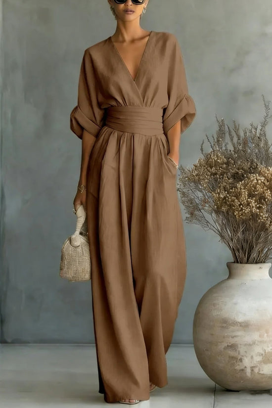 Summer Short-sleeved Jumpsuit Fashion Casual V-Neck Wide-Leg Pants Womens Clothing 