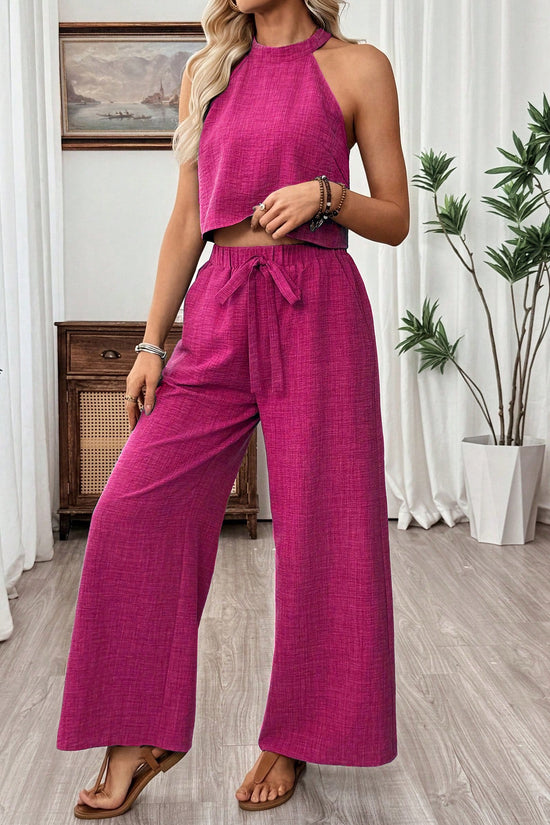 Neck-hanging Sleeveless Cropped Top And Wide-leg Pants Set 