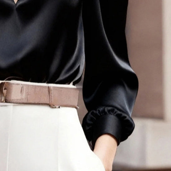 Women's Elegant V-Neck Long Sleeve Solid Color Satin Top Slim Fit Blouse For Office Party & Daily Wear 