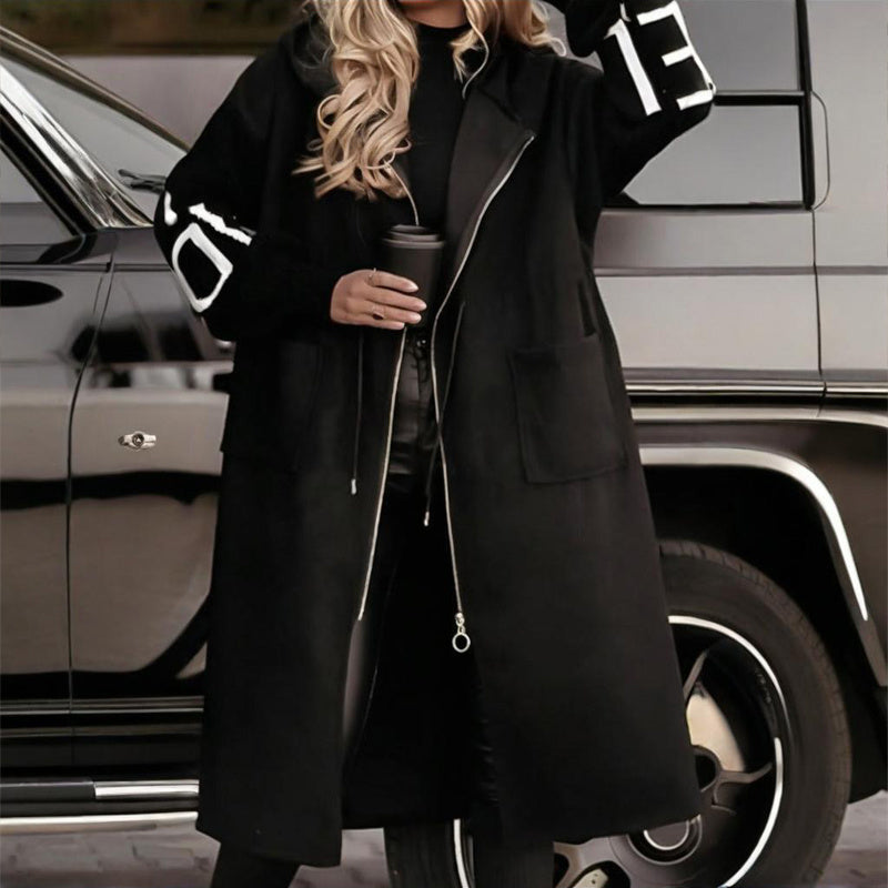 Women's Long Sleeve Letter Print Hooded Coat With Pockets - Zip Front Long Windbreaker For Spring&Fall CJ US