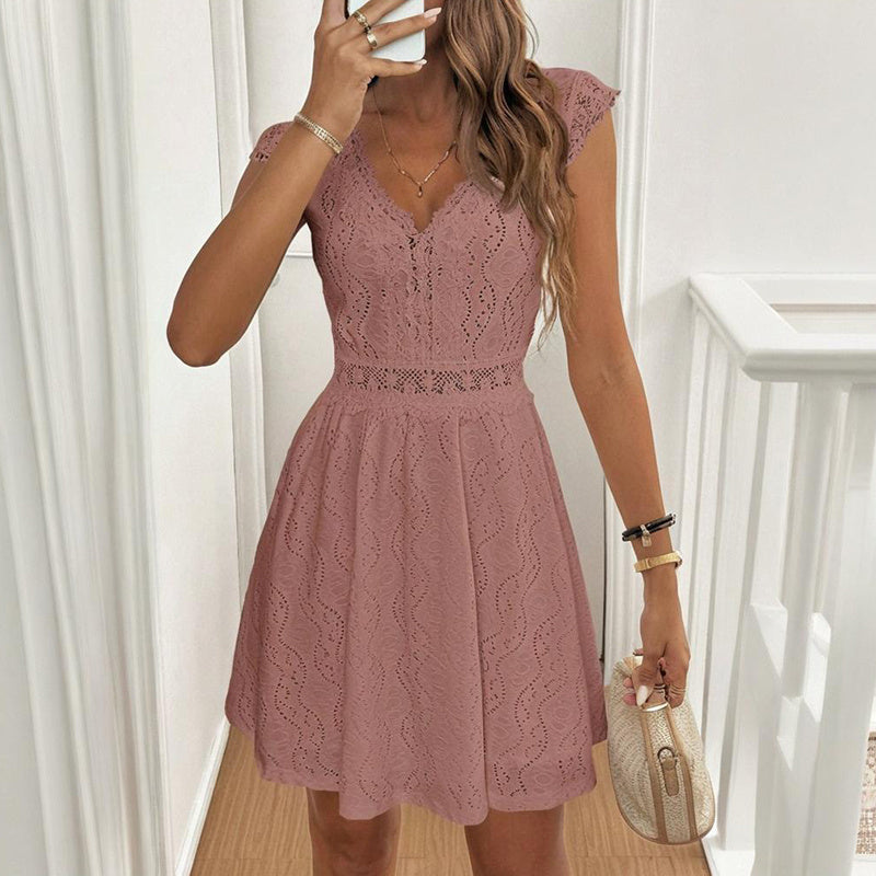 Women's V-Neck Solid Color Short Sleeve Dress With Lace Trim - Summer Sexy Vacation Dress CJ US