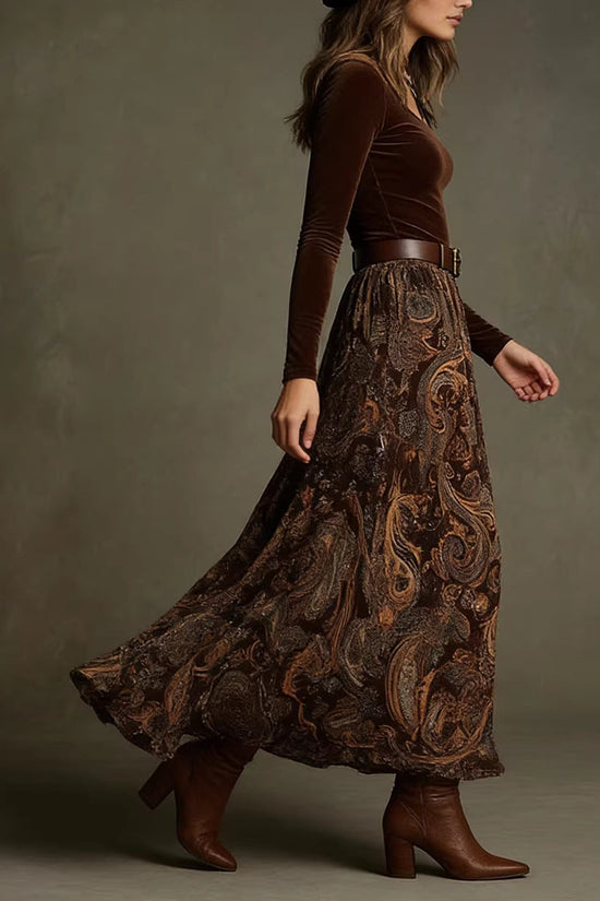 Slim fit printed long skirt set with belt 
