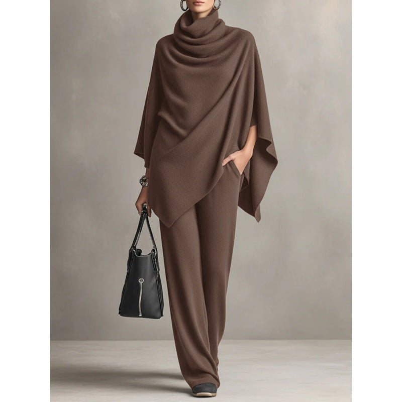 Autumn and Winter German Velvet Pile Collar Cloak Top+Wide Leg Pants Two Piece Set 