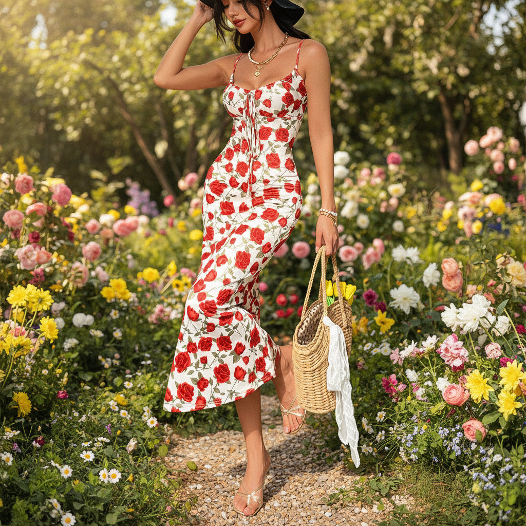 Romantic Vintage Beach Vacation Style Tie-Waist Floral Wrap Bodice Fitted Long Strap Dress 