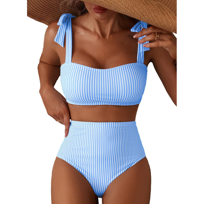 Women's Striped Bikini Set with Tie-Shoulder Design, High-Waisted Two-Piece Swimsuit 