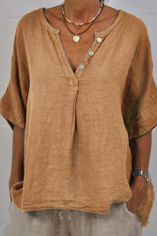 Cotton-linen Solid-color Door-cuff V-neck Button-up Shirt 
