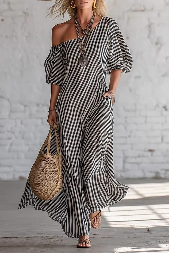 Womens Striped Off-shoulder Dress 