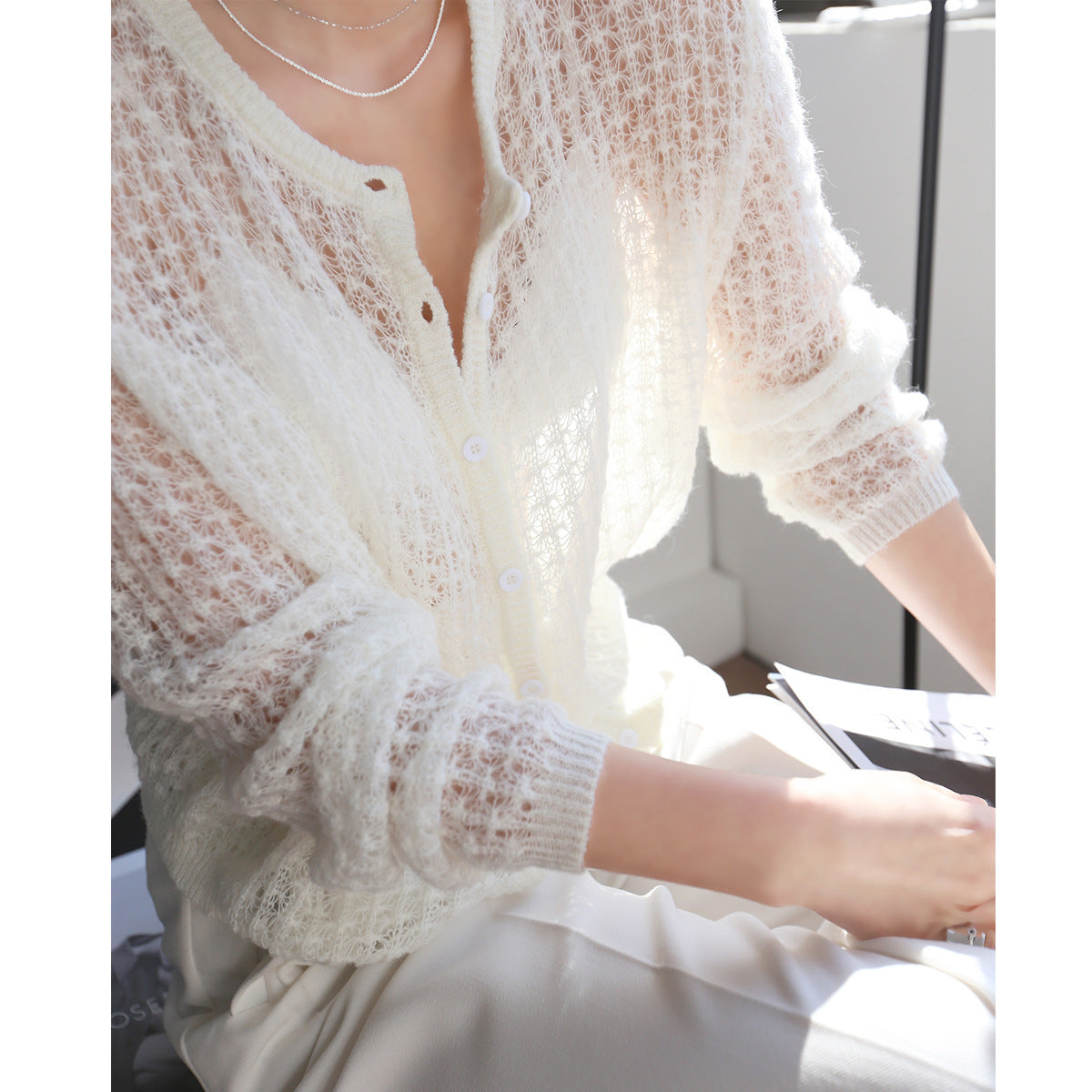 Mohair Crochet Hollow Knit Cardigan Sweater CJ
