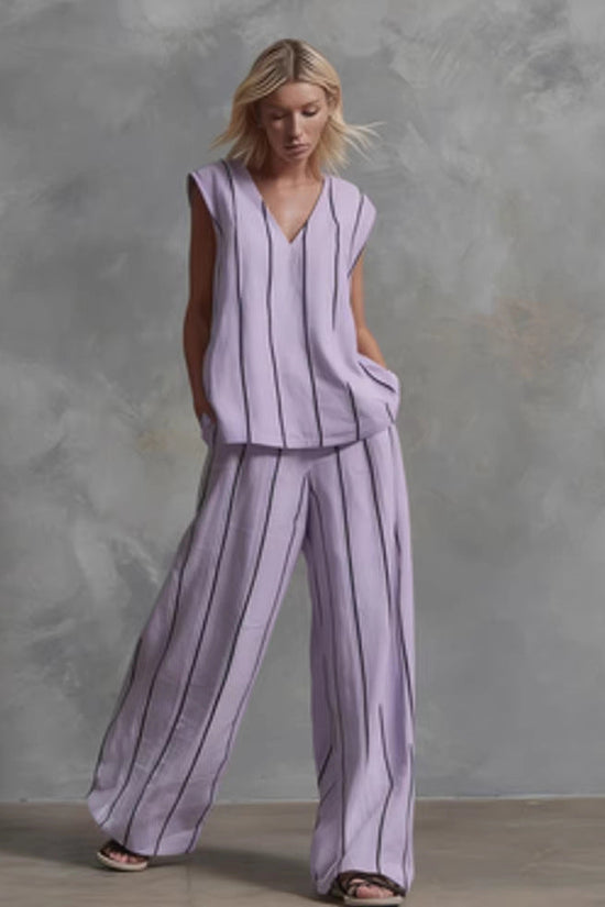 French Minimalist Black And White Vertical Stripe Loose Cotton-Linen Womens Set 