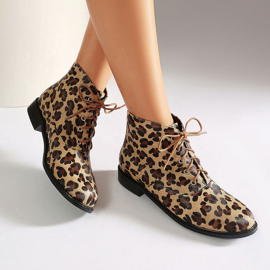 Autumn/winter casual low heel leopard print  extra large size lace-up low-cut Martin boots Made to order, ships in 7 days 