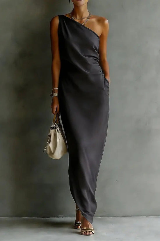 Elegant Satin Off-shoulder Draping Slim-fit Maxi Dress 