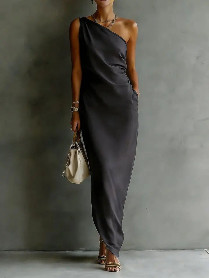Elegant Satin Off-shoulder Draping Slim-fit Maxi Dress 
