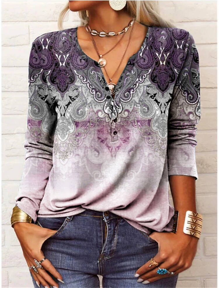 Women's Casual Ethnic Style V-neck Long-sleeved T-shirt 