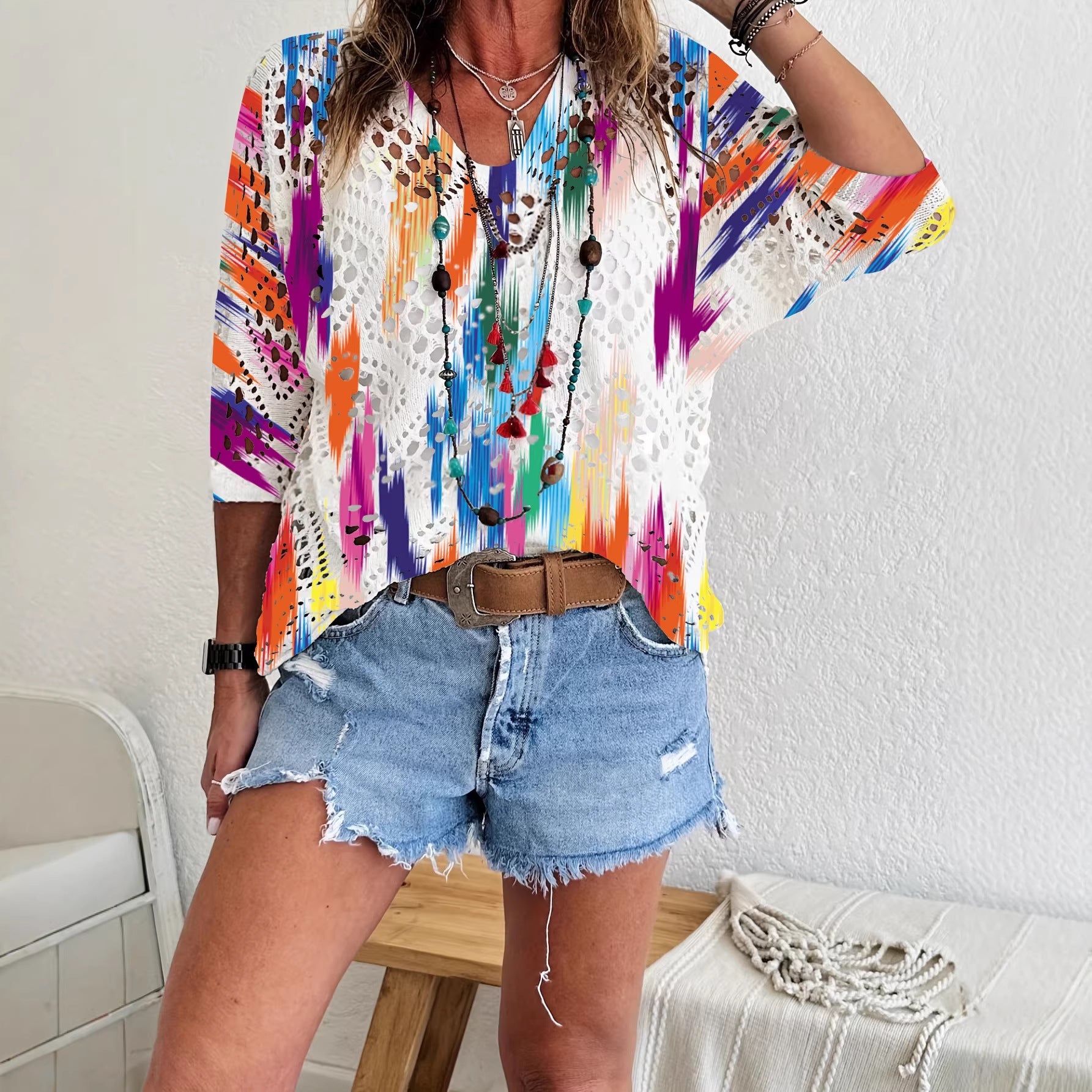 Womens Hollowed-Out Batwing-Sleeve Sweater With 3D Knitted Print 