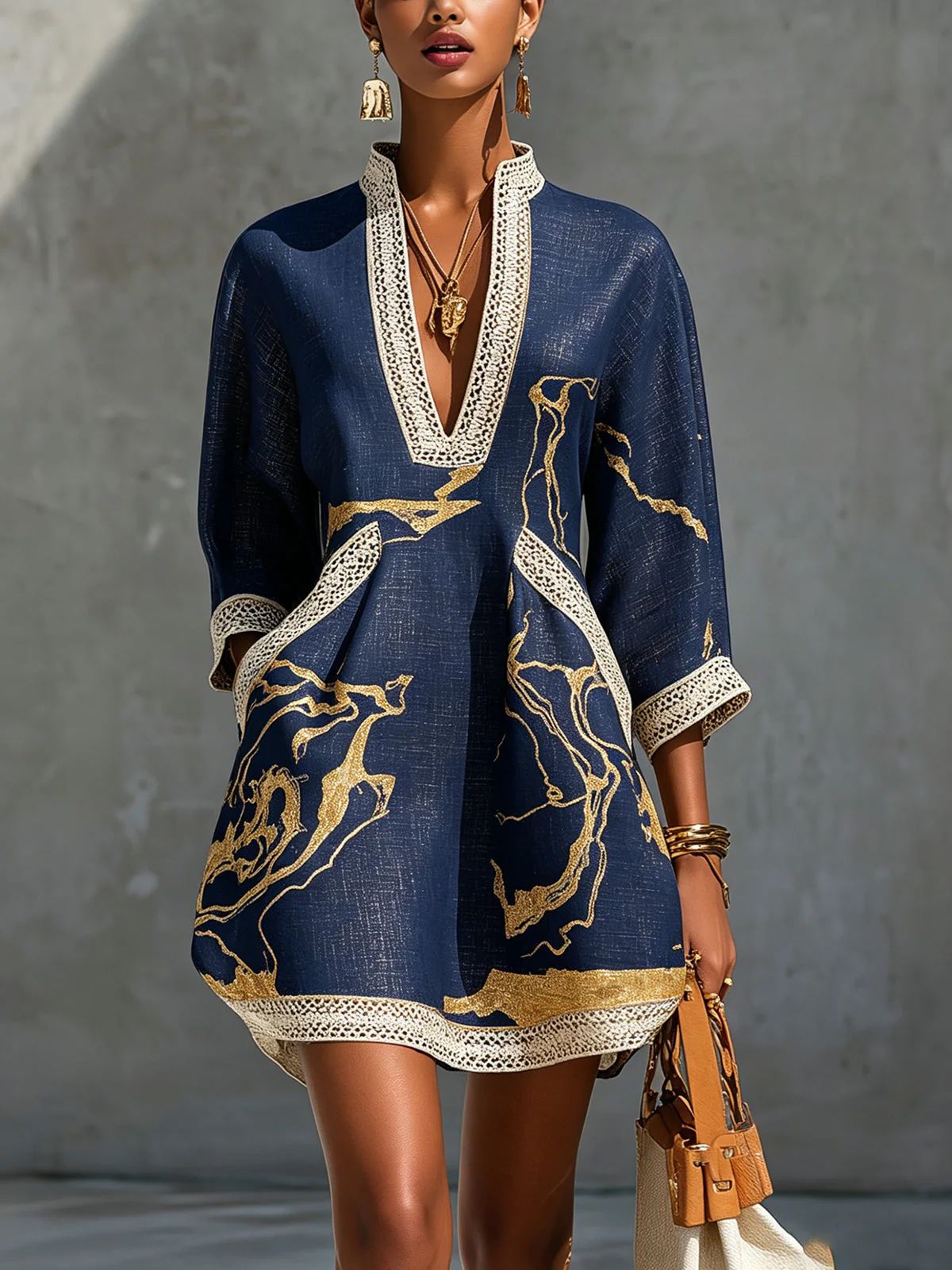Printed lace trimmed seven quarter sleeved cotton linen short dress 