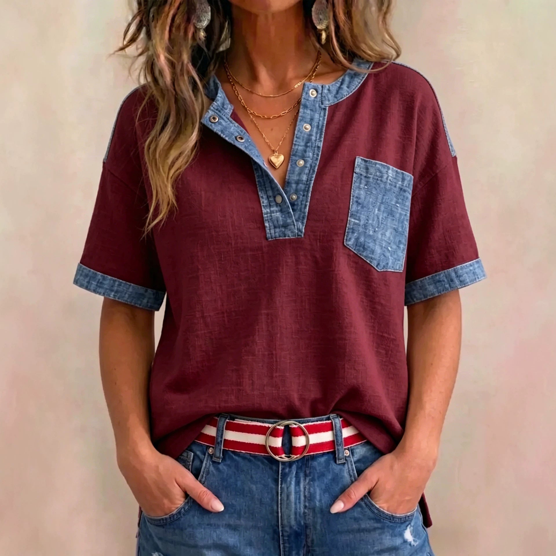Women's Casual Loose-Fitting Patchwork Short-Sleeve Top 