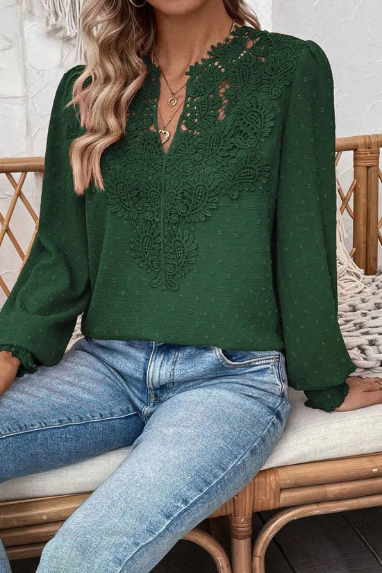 Swiss Dot Lace Detail Notched Long Sleeve Blouse 