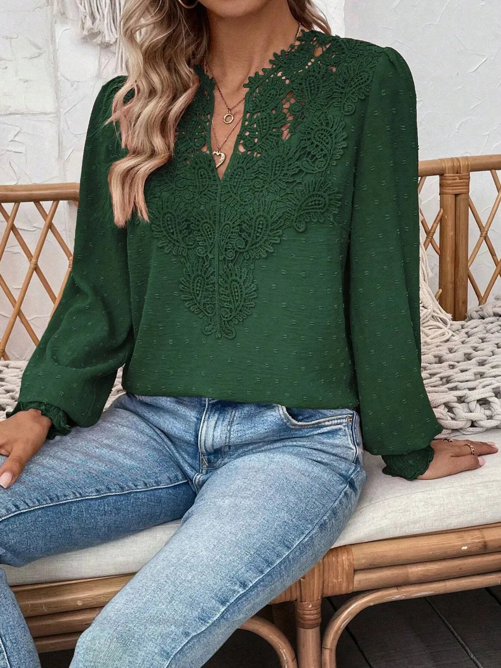 Swiss Dot Lace Detail Notched Long Sleeve Blouse 