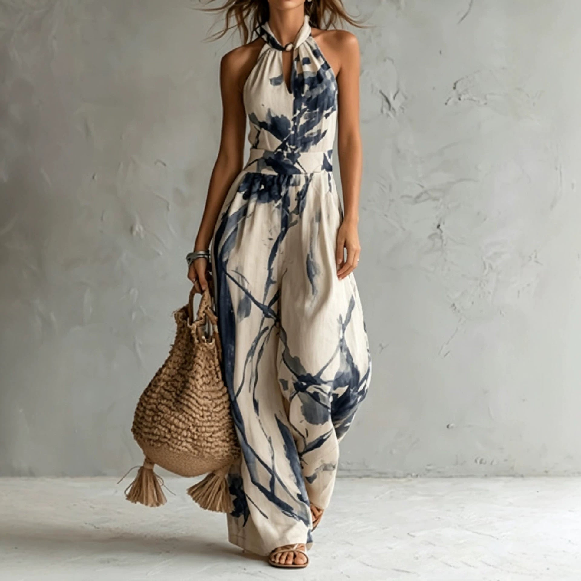Ink printed wide leg pocket jumpsuit 